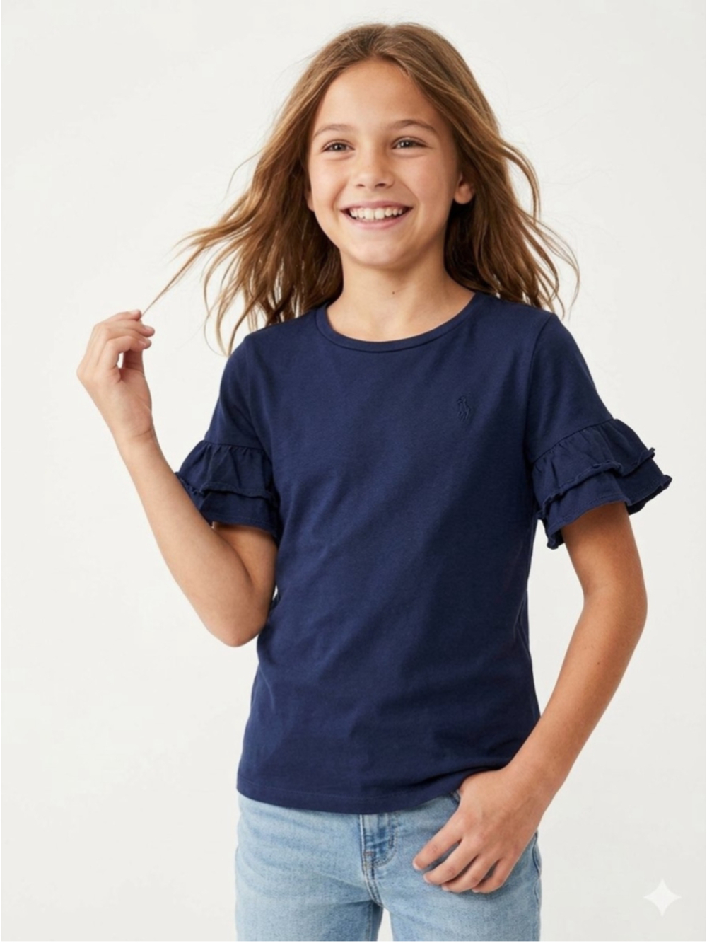 Girls Polo Ralph Lauren Ruffle Sleeve Tee Navy Blue Size 7 Small - 890